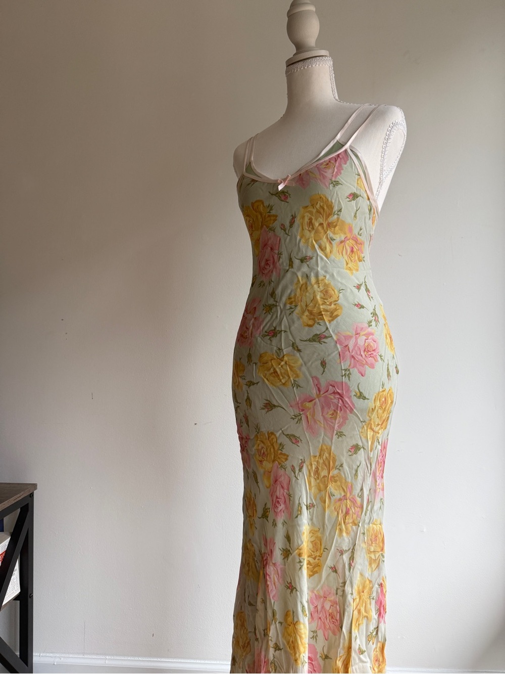 Betsey Johnson Pale Green Floral Slip Dress with Yellow & Pink Roses